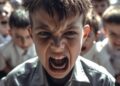 Caucasian middle school boy shouting agressiverly at his schol mated experiencing children agression at school as bulling concept